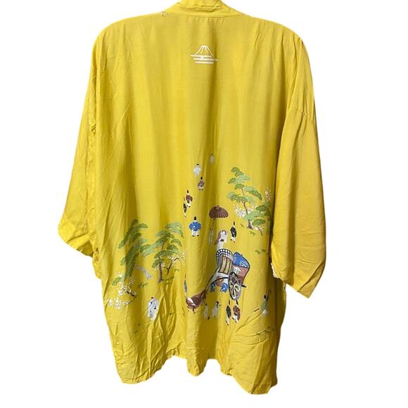 Vintage Yellow Japanese Happi Kimono Jacket Scenic Print one size orient Asian - Picture 2 of 11